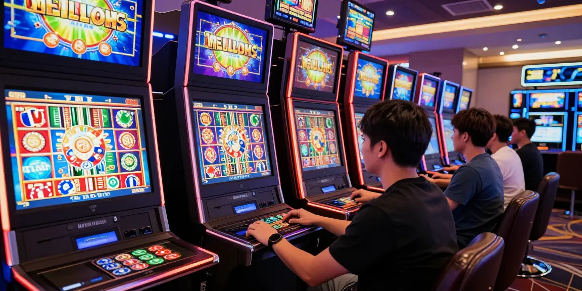 Excited players spinning million casino slots on modern devices in a vibrant gaming lounge.