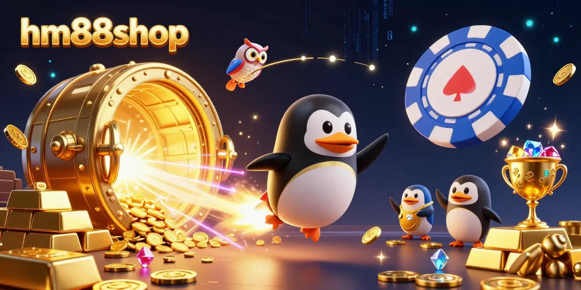 hm88shop offers exciting casino adventures with a golden penguin and poker chip space station scene.