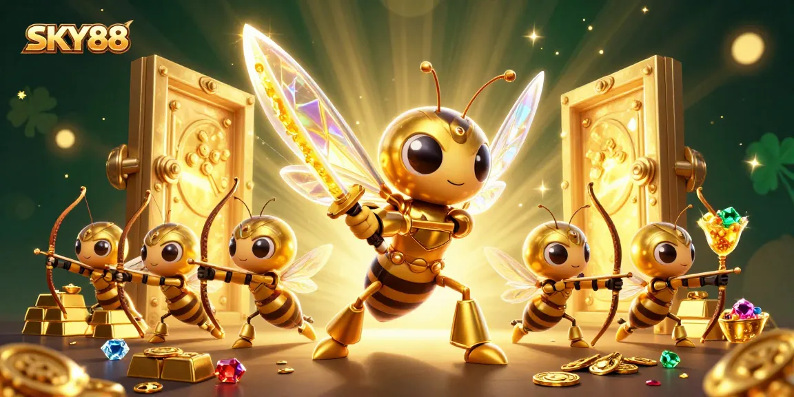 Experience gaming excitement with SKY88's dynamism featuring a giant golden hornet and treasure elements.