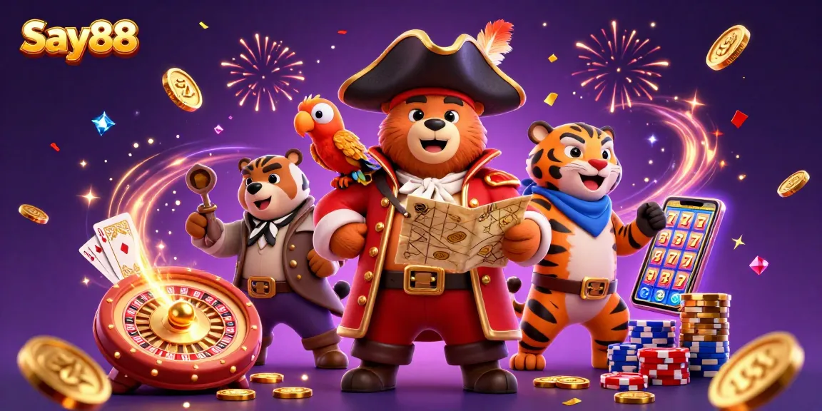 Engage with Say88 at a vibrant casino scene featuring a pirate captain bear and dynamic game elements.
