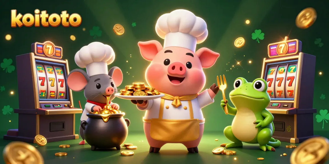 Koitoto offers thrilling slot games with rich visuals, featuring a chef pig serving gold coins while characters enjoy the atmosphere.