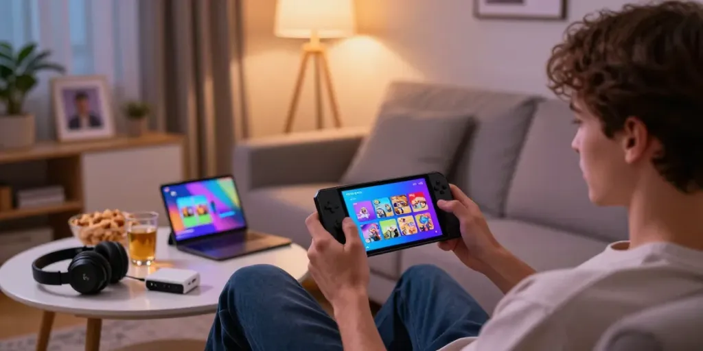 Engaged player enjoying the Yono Arcade mobile gaming app at home, showcasing vibrant game interface and cozy atmosphere.