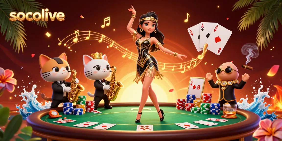 Socolive showcases a vibrant jazz scene with a dancer, musical cat, and casino elements embodying the thrilling spirit of gambling.
