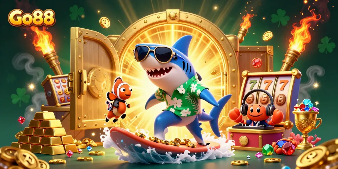 Experience the excitement of Go88 with a vibrant 3D casino illustration featuring a shark, clownfish, and crab DJ.