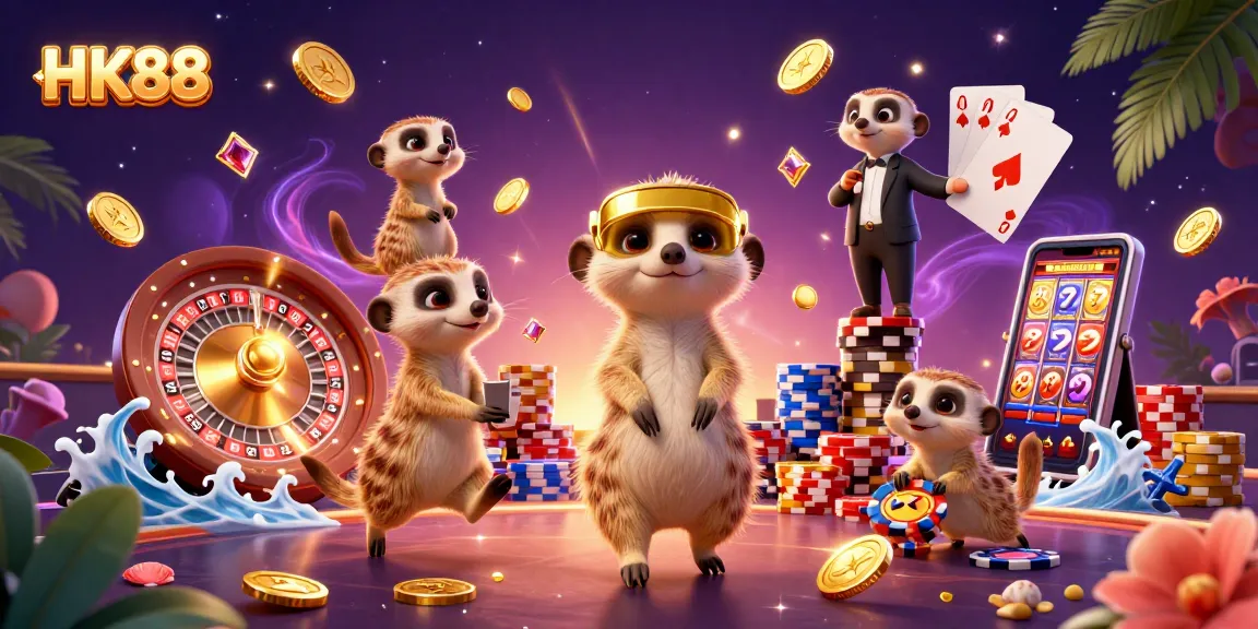 Experience the thrill of HK88 with cartoon meerkats operating a vibrant casino surrounded by golden coins.