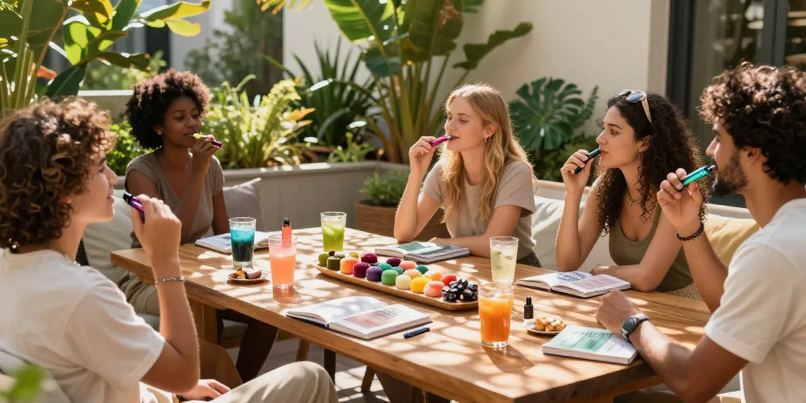 properloud THC vape pens and edibles display in a lively outdoor setting, surrounded by friends enjoying wellness
