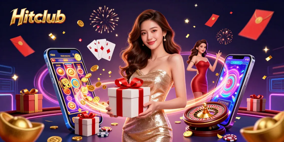 Hitclub promotions featuring a stunning woman in an elegant gown amidst a festive casino scene filled with golden coins and games.