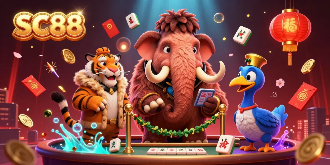SC88 showcases a vibrant casino scene featuring a woolly mammoth bouncer, saber-tooth VIP, and colorful game elements.