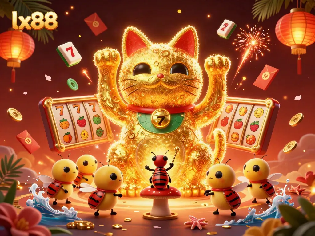 Engage with the vibrant luck charm of lx88, depicted as a giant lucky cat surrounded by casino symbols, in a vivid 3D scene.