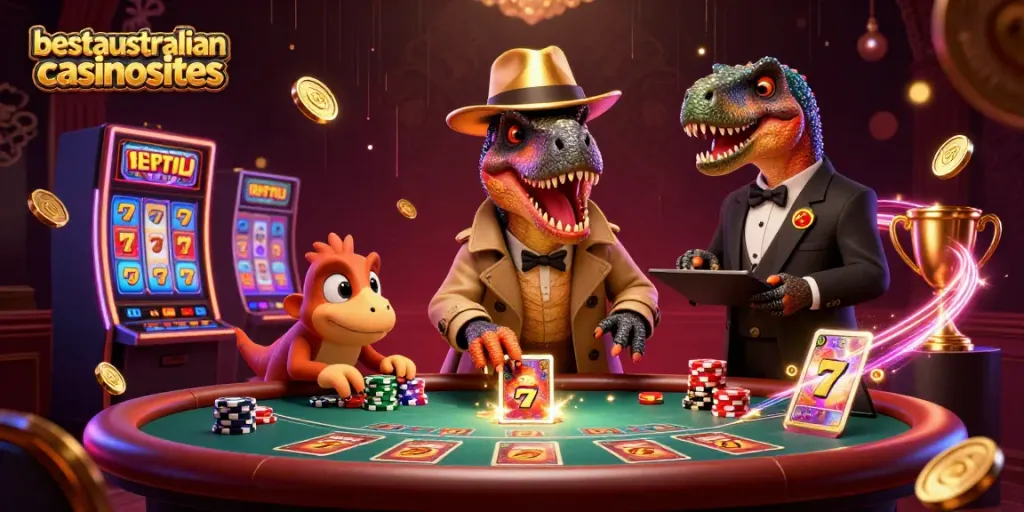Experience top gaming at bestaustraliancasinosites with vibrant 3D velociraptor and jackpot elements in a bustling casino.