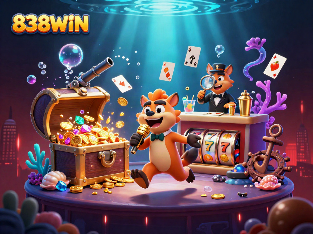 Join the comedy with 838WIN in a lively casino scene featuring hyenas and rich slot elements.