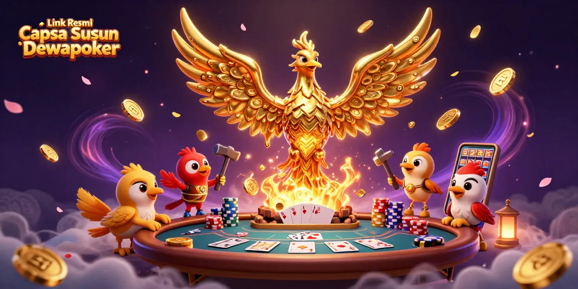 Experience the thrilling gameplay of Link Resmi Capsa Susun Dewapoker with golden phoenix and magical casino elements.