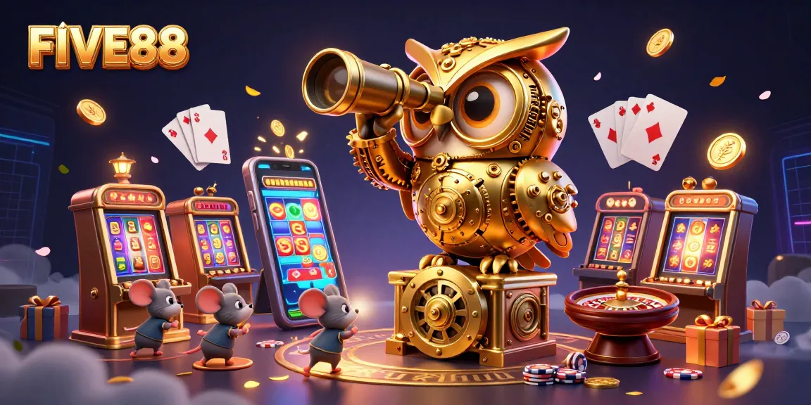 Engage with FIVE88's exhilarating casino atmosphere featuring vibrant games and animated characters.