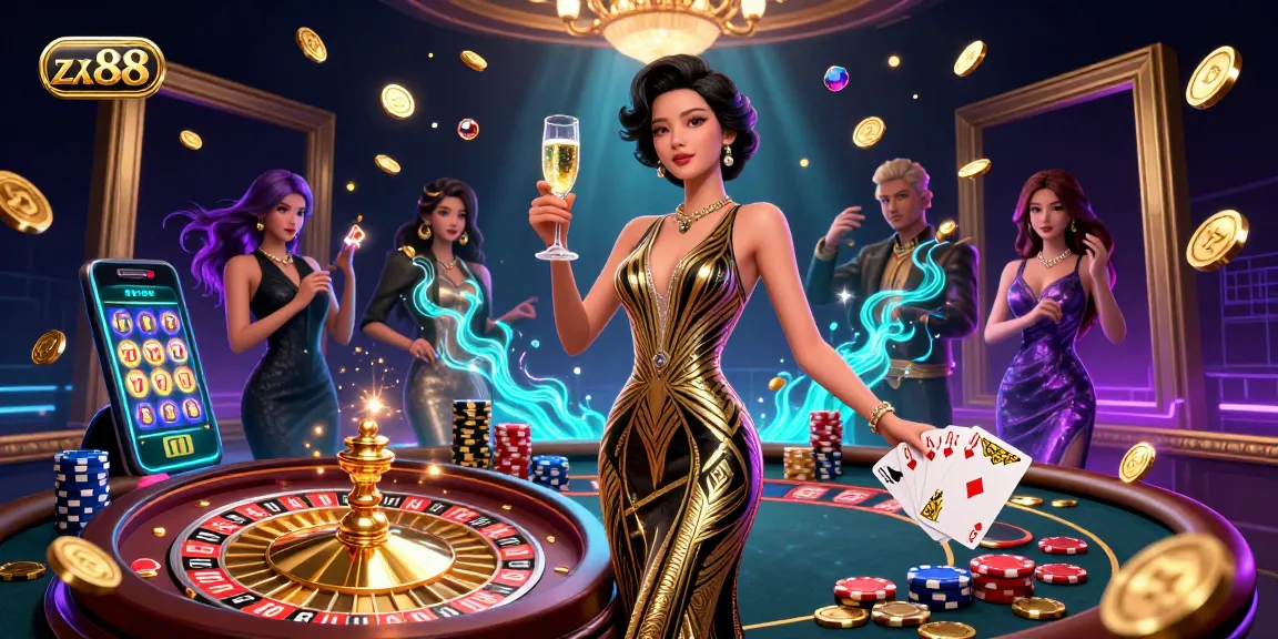 Experience winning excitement at zx88 with a glamorous casino scene featuring roulette, golden coins, and vibrant gameplay elements.