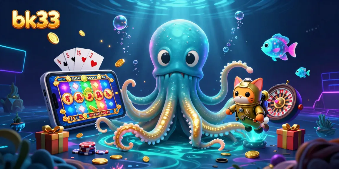 Experience thrilling bk33 wins with a colossal kraken and a diving cat amidst vibrant casino action.