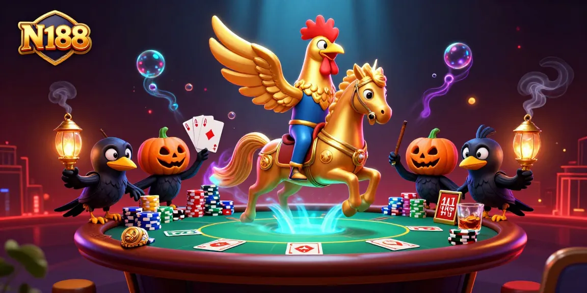 N188 casino scene featuring a golden rooster riding a spectral horse, poker elements, vibrant atmosphere.