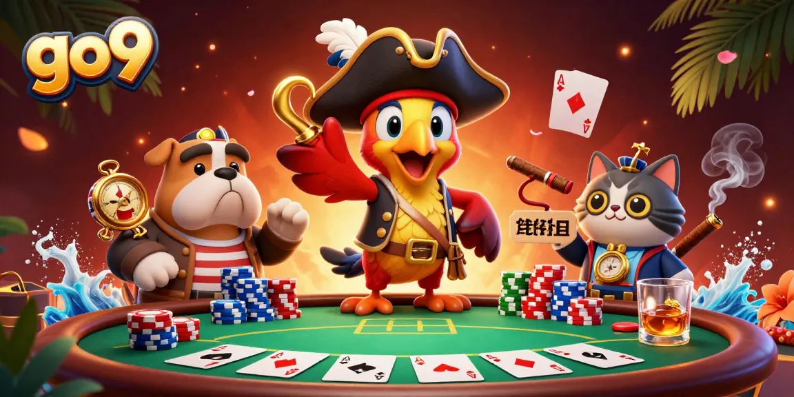 Engage in exciting go9 poker battles with a vibrant pirate-themed casino scene, showcasing colorful chips and cards.