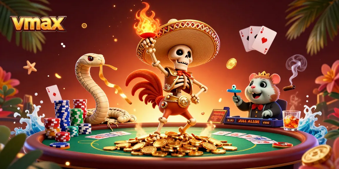 Vmax offers vibrant gaming with a lively mariachi rooster dancing on gold coins in a casino.