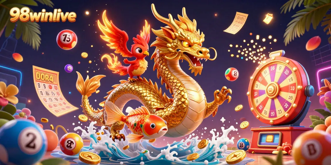 Engage with the vibrant 98winlive experience through a dynamic 3D illustration featuring a dragon, phoenix, and koi fish.