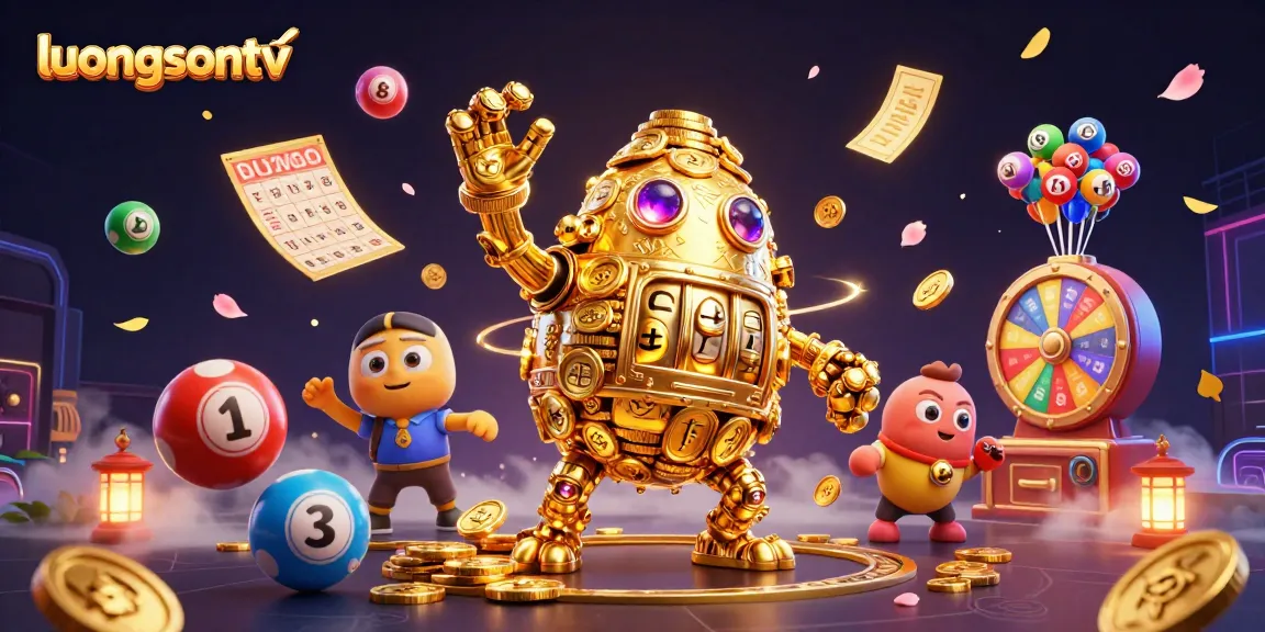luongsontv showcases a vibrant gambling scene filled with dynamic lottery elements and a majestic golden golem.