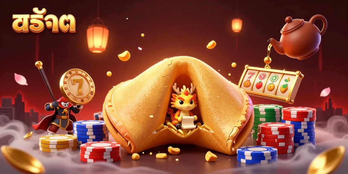 Experience exciting สล็อต gameplay in a dynamic, vibrant 3D casino illustration with golden fortune cookie elements.