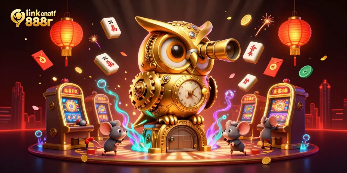 Engage with link alternatif 888r through a vibrant 3D casino scene featuring a golden owl, mice patrons, and festive decorations.