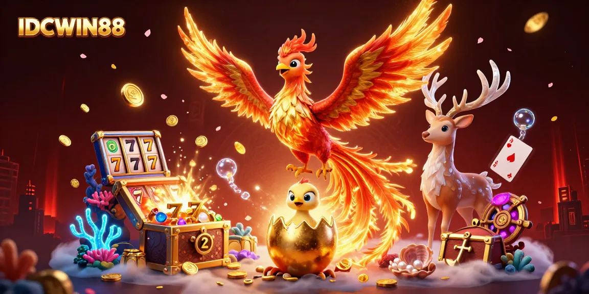 Experience thrilling wins at IDCWIN88 with a vibrant 3D scene of phoenix and treasure.