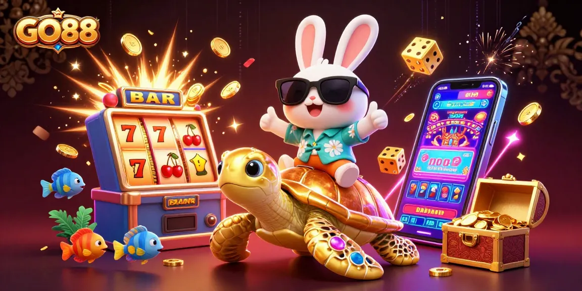 GO88's captivating scene with a lucky rabbit and turtle amidst vibrant casino elements