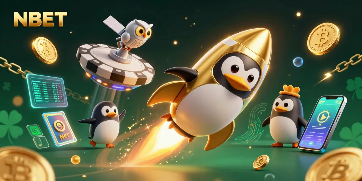 Experience NBET excitement with a playful penguin soaring past casino-themed elements in space.