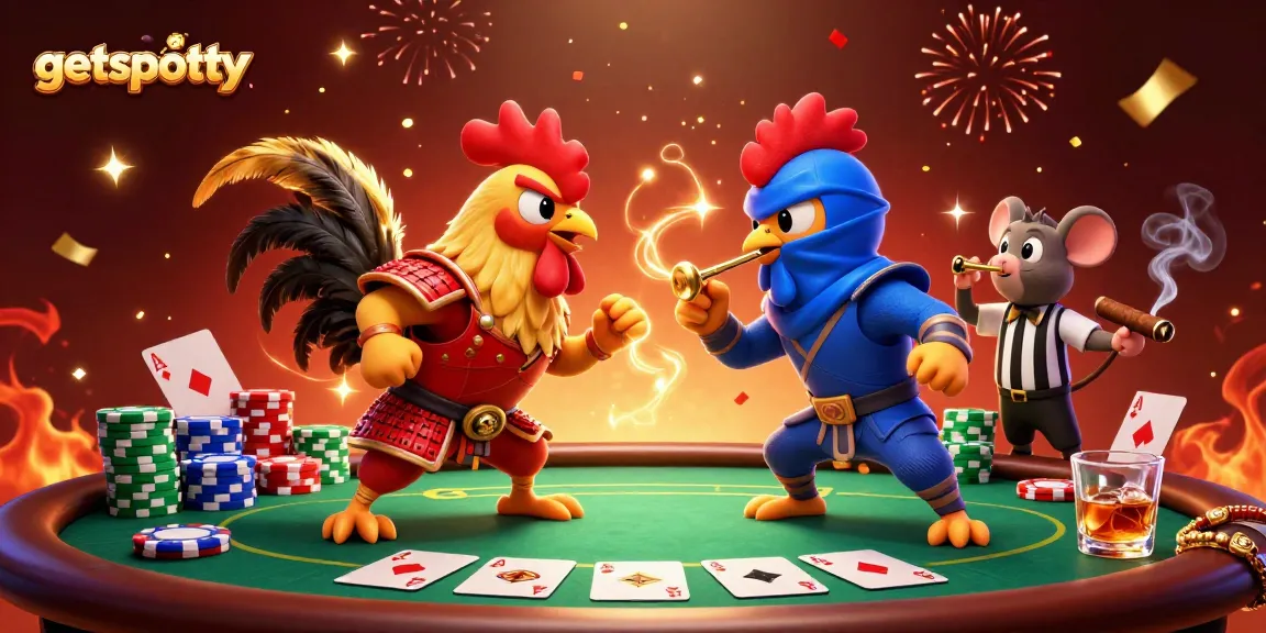 Experience thrilling action with getspotty's vibrant fight scene featuring 3D roosters in a casino backdrop.