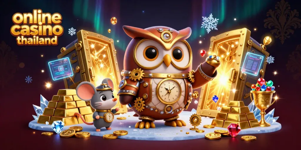 Engage with online casino Thailand's rich gaming world through this vibrant illustration of a time-traveling owl.