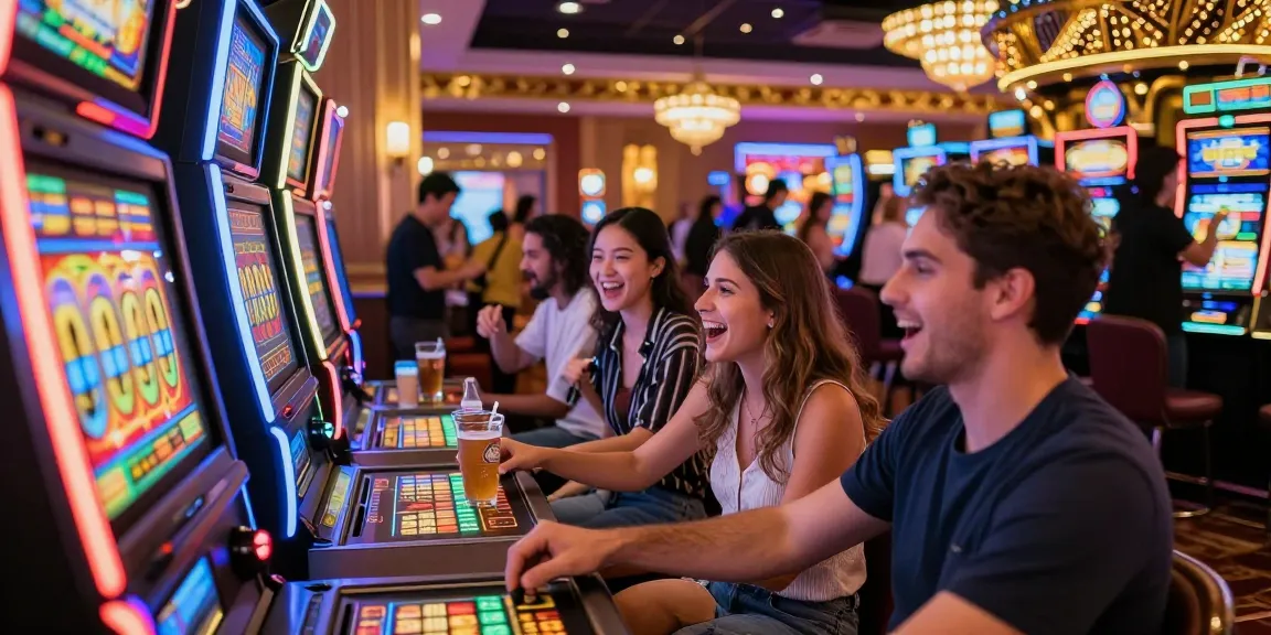 Mesin slot berwarna-warni dan teman-teman bermain di kasino yang meriah