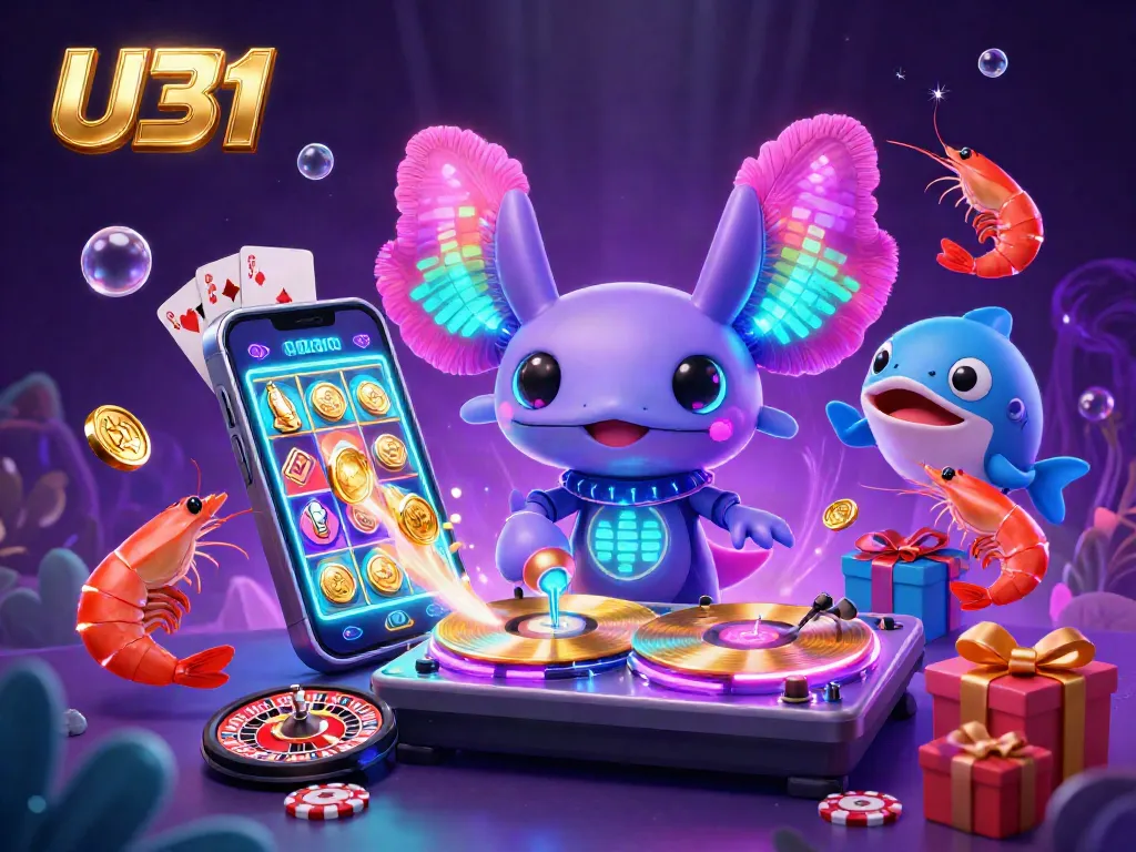 Experience gaming excitement with U31's vibrant casino scene featuring a DJ, animated shrimp, and slot games.