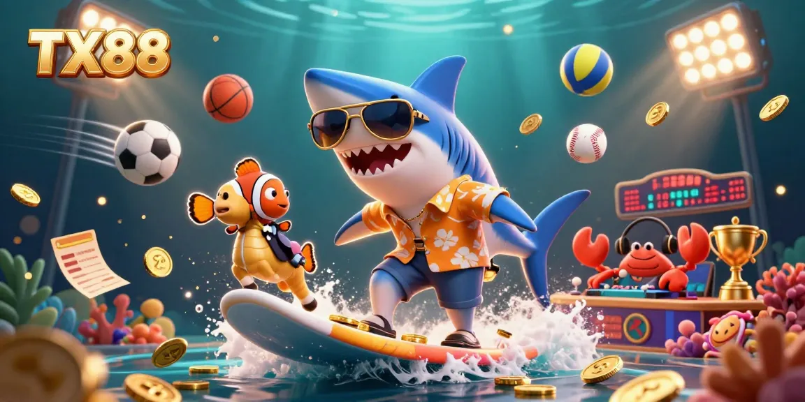 TX88: Immerse in the excitement of ocean-themed online gambling with vibrant characters and sports elements.