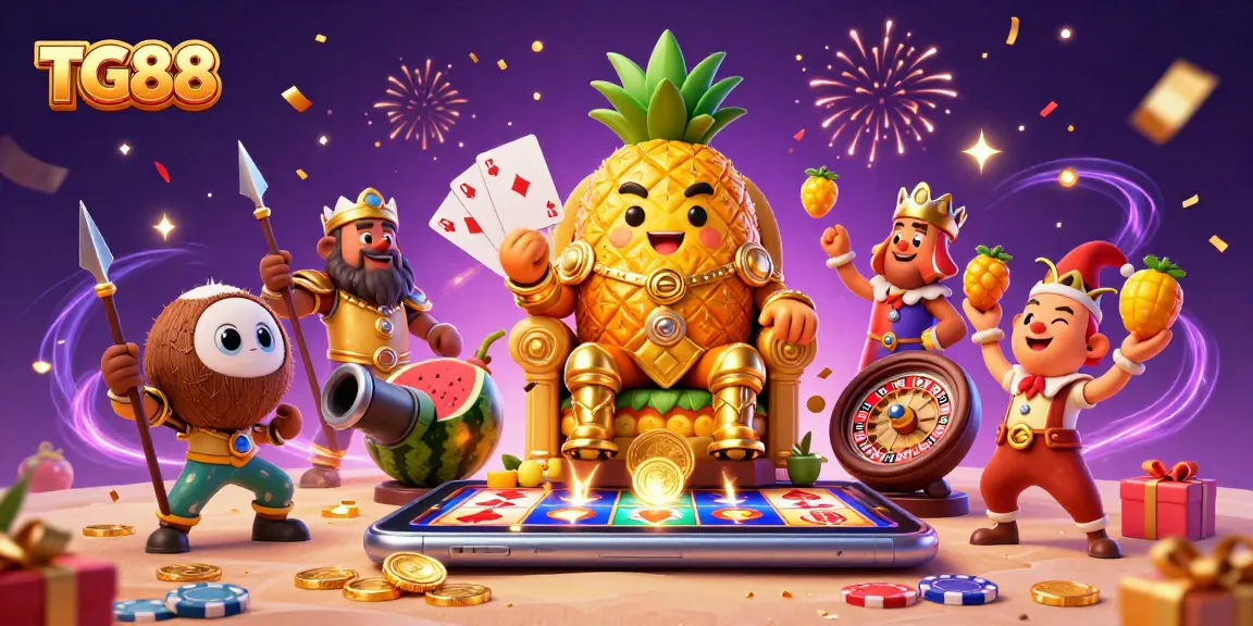 TG88 offers players an exciting casino experience with a vibrant fantasy illustration featuring a golden pineapple king.