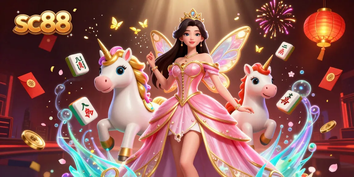 Win big at sc88 with a vibrant scene featuring a glamorous character, golden unicorn, and casino-themed elements.