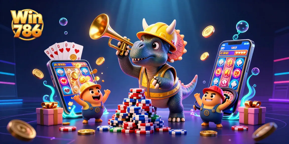 Win 786 offers vibrant casino excitement with cartoon characters celebrating a poker chips pyramid.
