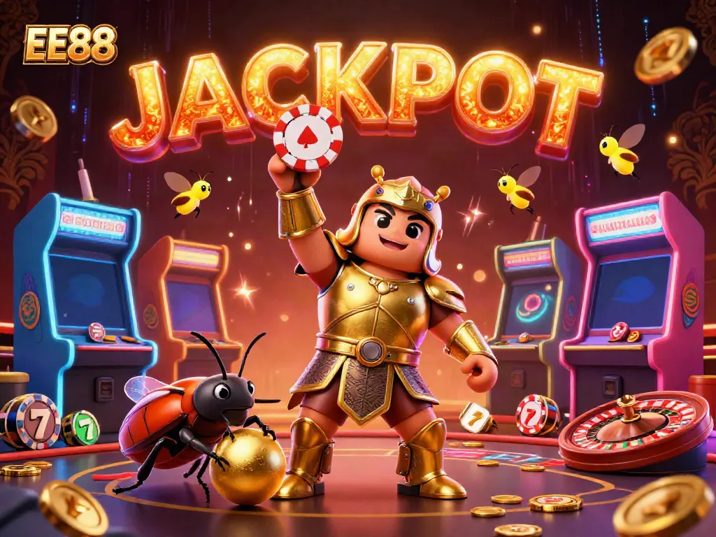 Players enjoy a vibrant casino experience at EE88, surrounded by dynamic gaming elements.