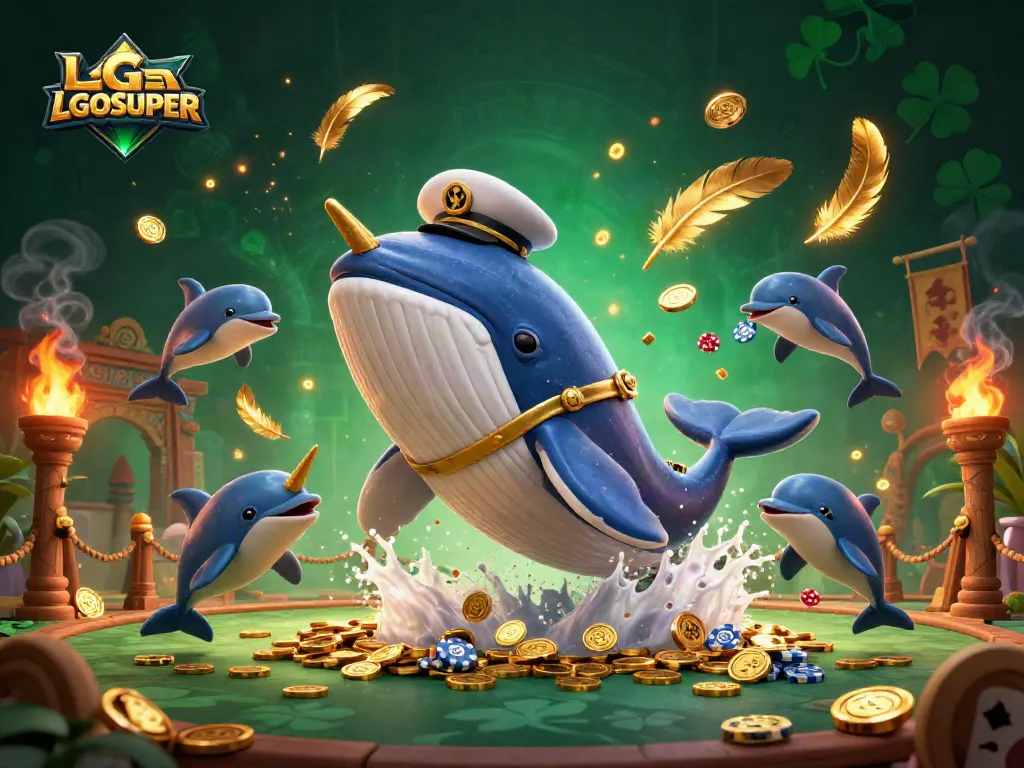 LGOSUPER highlights a whimsical casino-themed scene featuring a charming whale, narwhal, and dolphins.