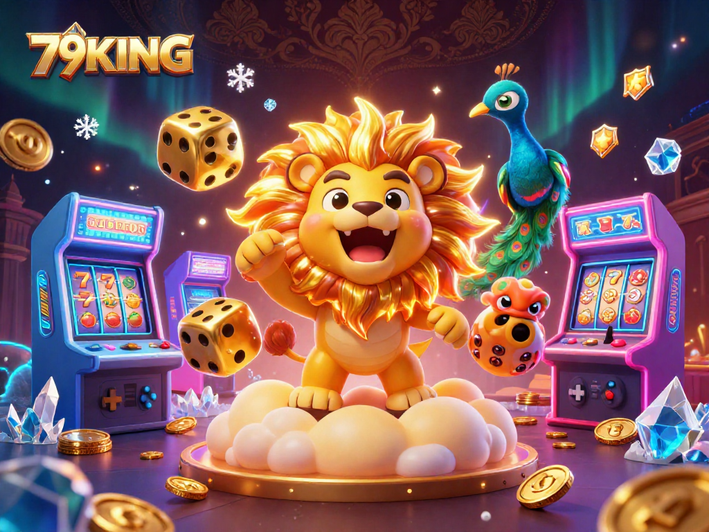Experience the excitement of 79KING with a roaring sun lion and dynamic casino elements.