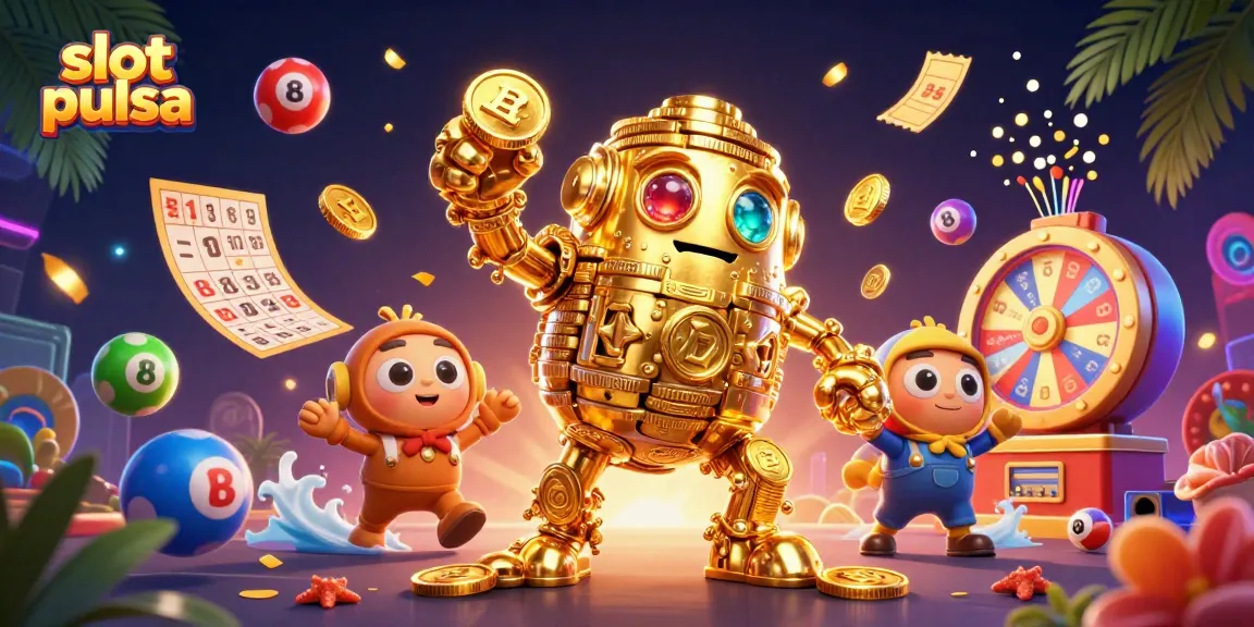 Permainan slot pulsa dengan golem emas dan elemen kasino yang menarik.