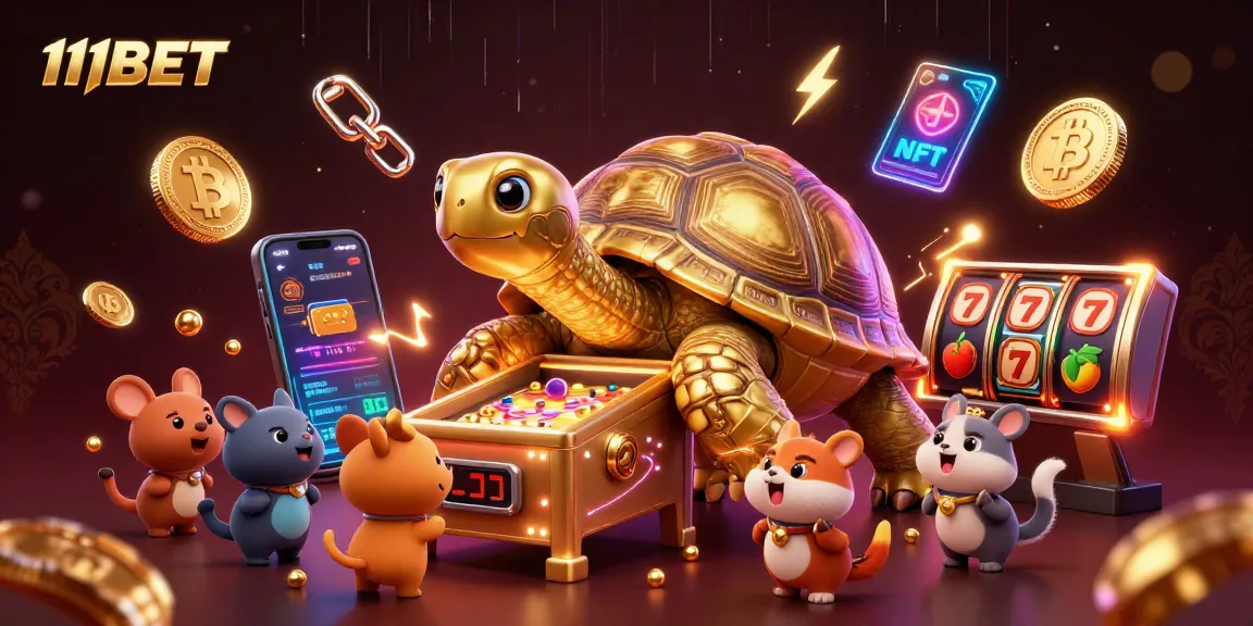 Engage with 11BET's dynamic gaming world featuring a golden tortoise pinball and crypto elements.