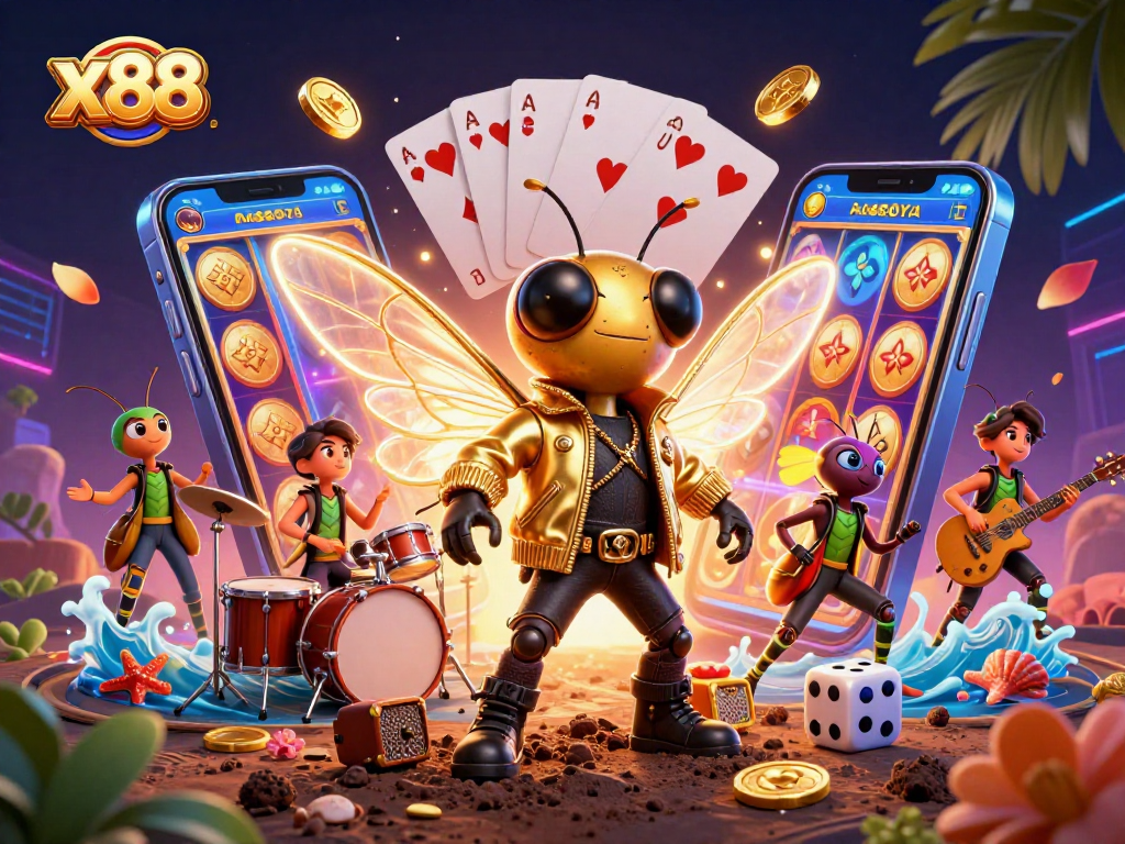 x88 features a vibrant scene with a cartoon cicada rock star celebrating casino wins.