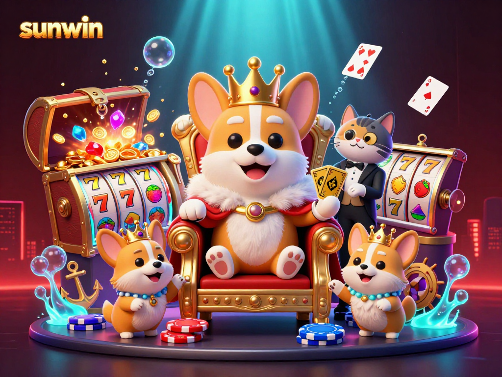 Experience excitement with sunwin as royal corgi hosts a lavish casino scene filled with vibrant slot elements.