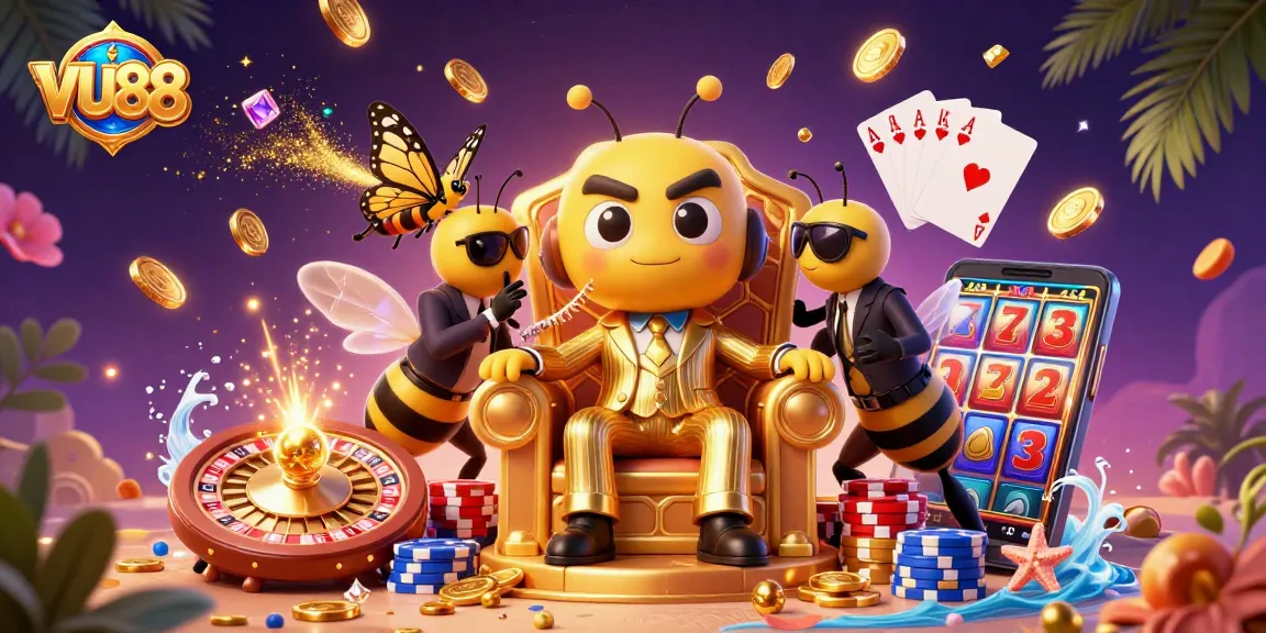 Experience the thrill of VU88 with vibrant casino elements and a dynamic 3D illustration.