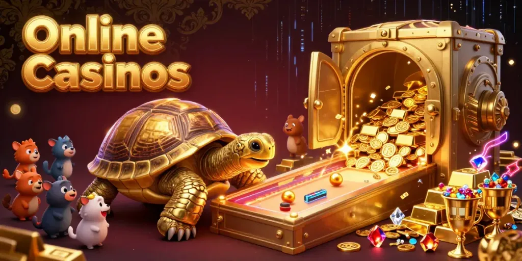 Experience thrilling Online Casinos action with a colossal tortoise and treasure elements in this vibrant illustration.