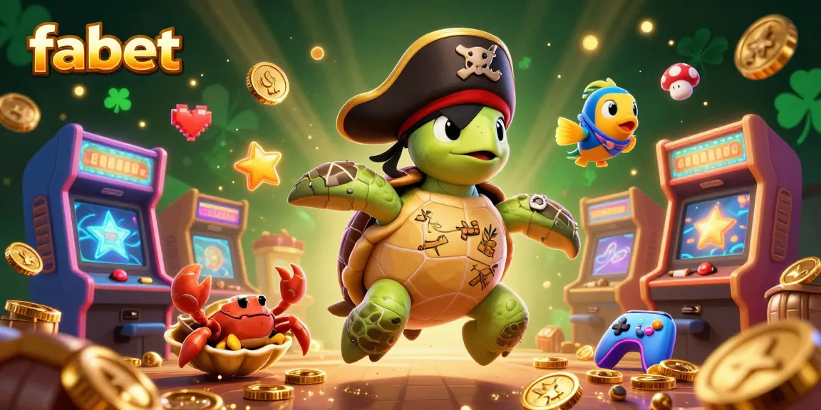 Immerse in the vibrant world of fabet with a dynamic illustration featuring a pirate turtle amidst casino gaming excitement and tropical treasures.