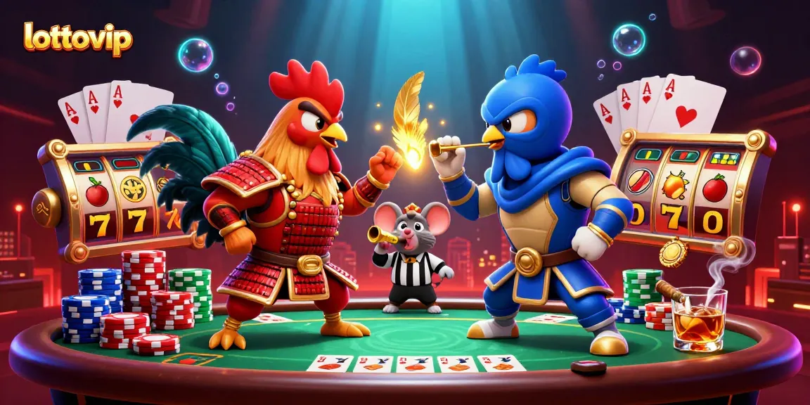 lottovip menunjukkan ayam jantan bertarung sambil bermain slot dan poker, ilustrasi menakjubkan