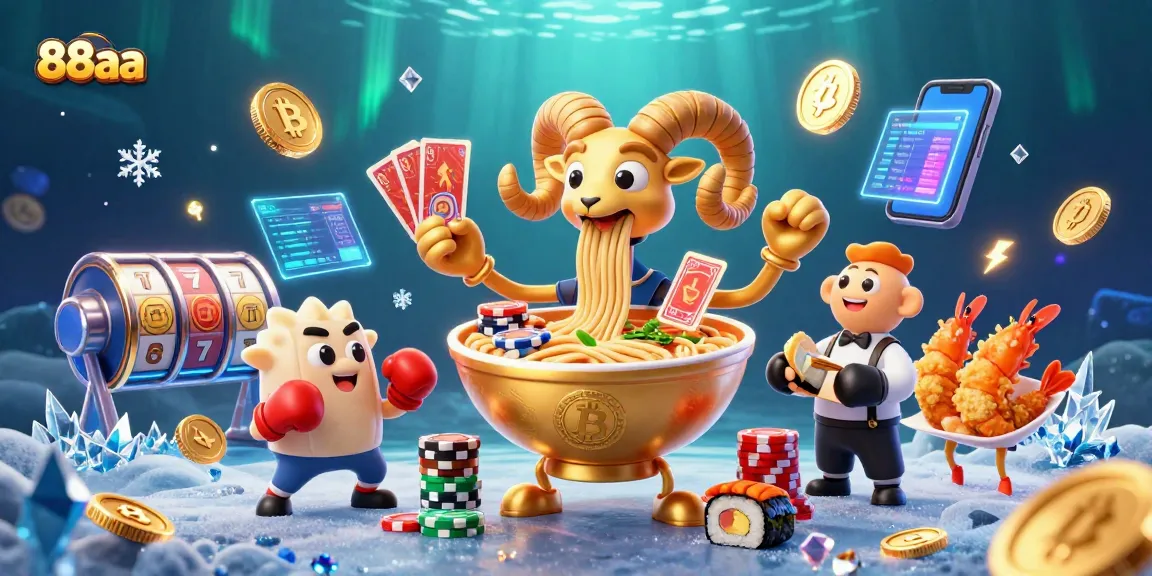 Engage with the excitement of 88aa as a giant ramen bowl deals cards and stacks chips amidst vibrant neon crypto elements.