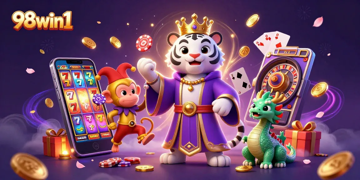 Experience thrilling action with 98win1's cheerful jungle characters in a vibrant slot gaming scene.